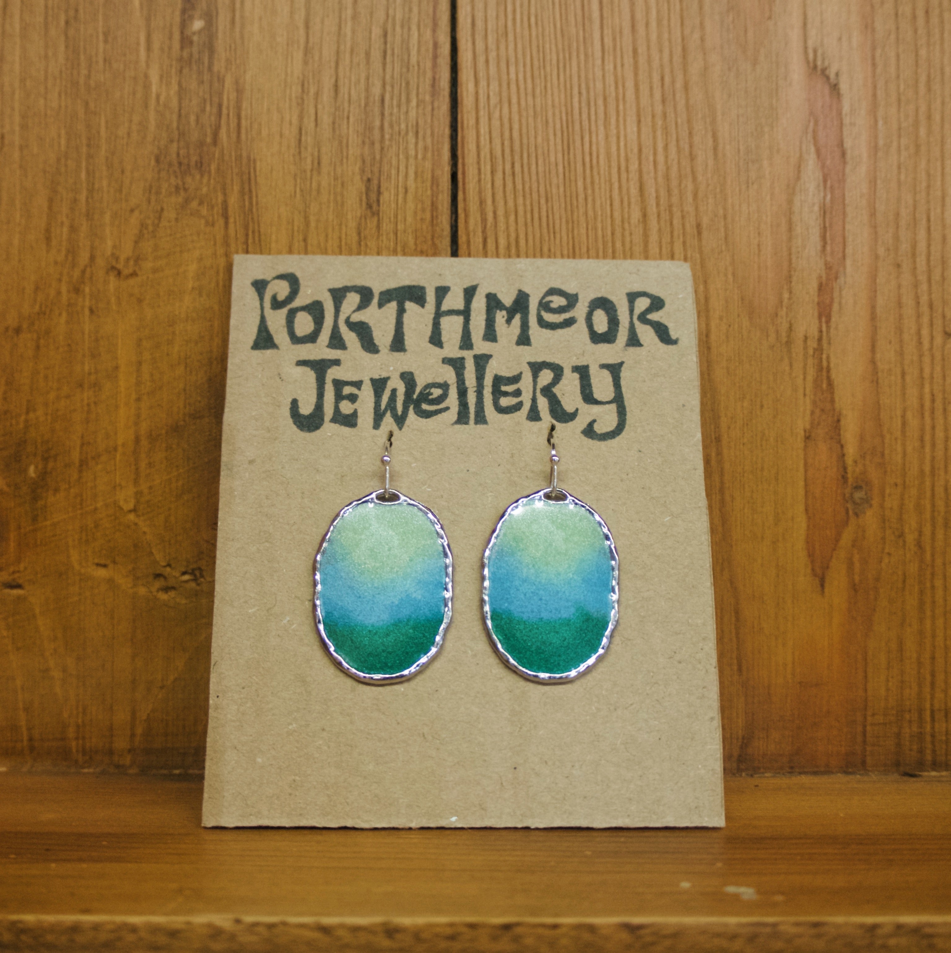 Green & Blue with Silver Earrings, Oval