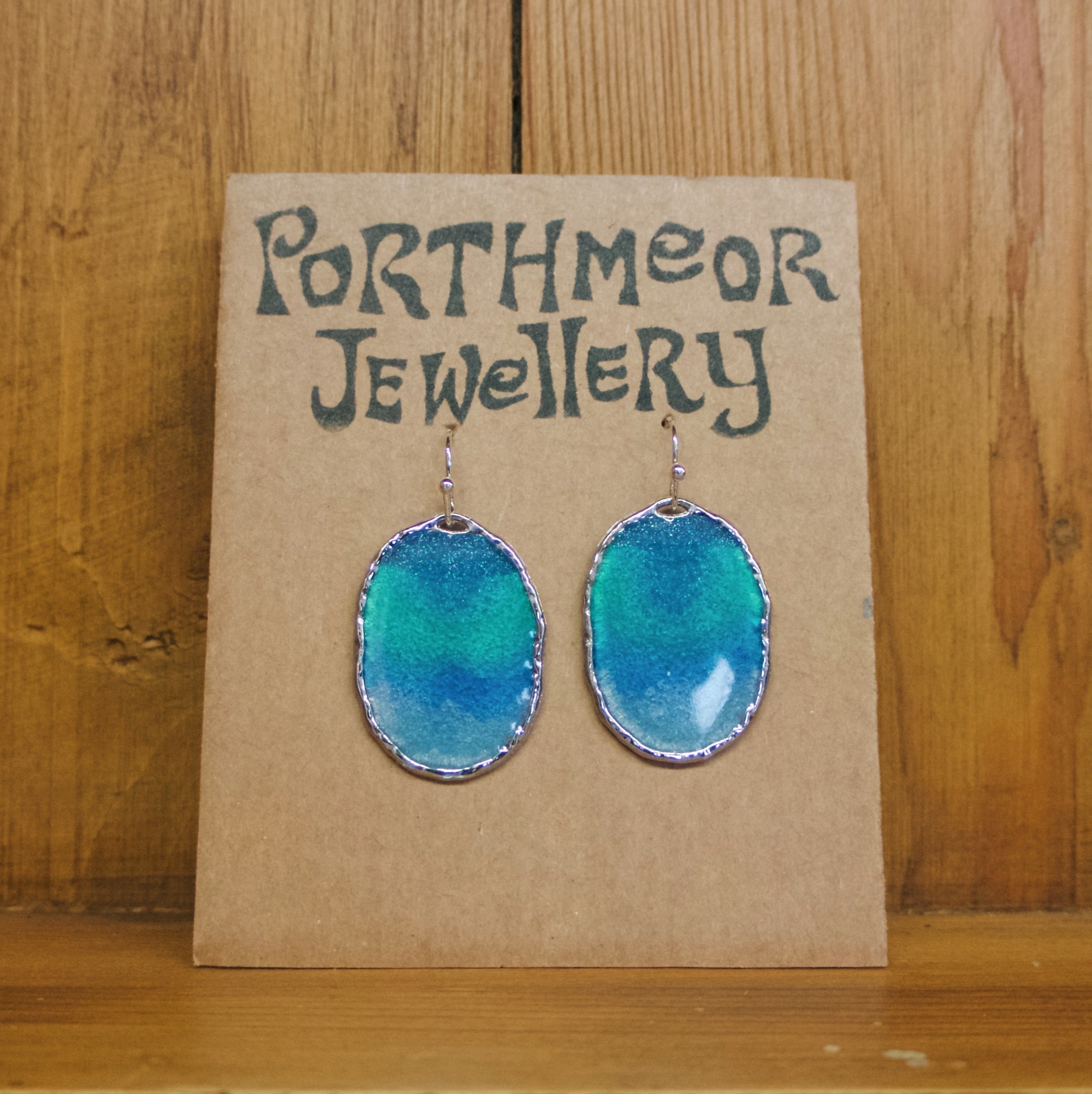 Teal & Blue with Silver Earrings, Oval