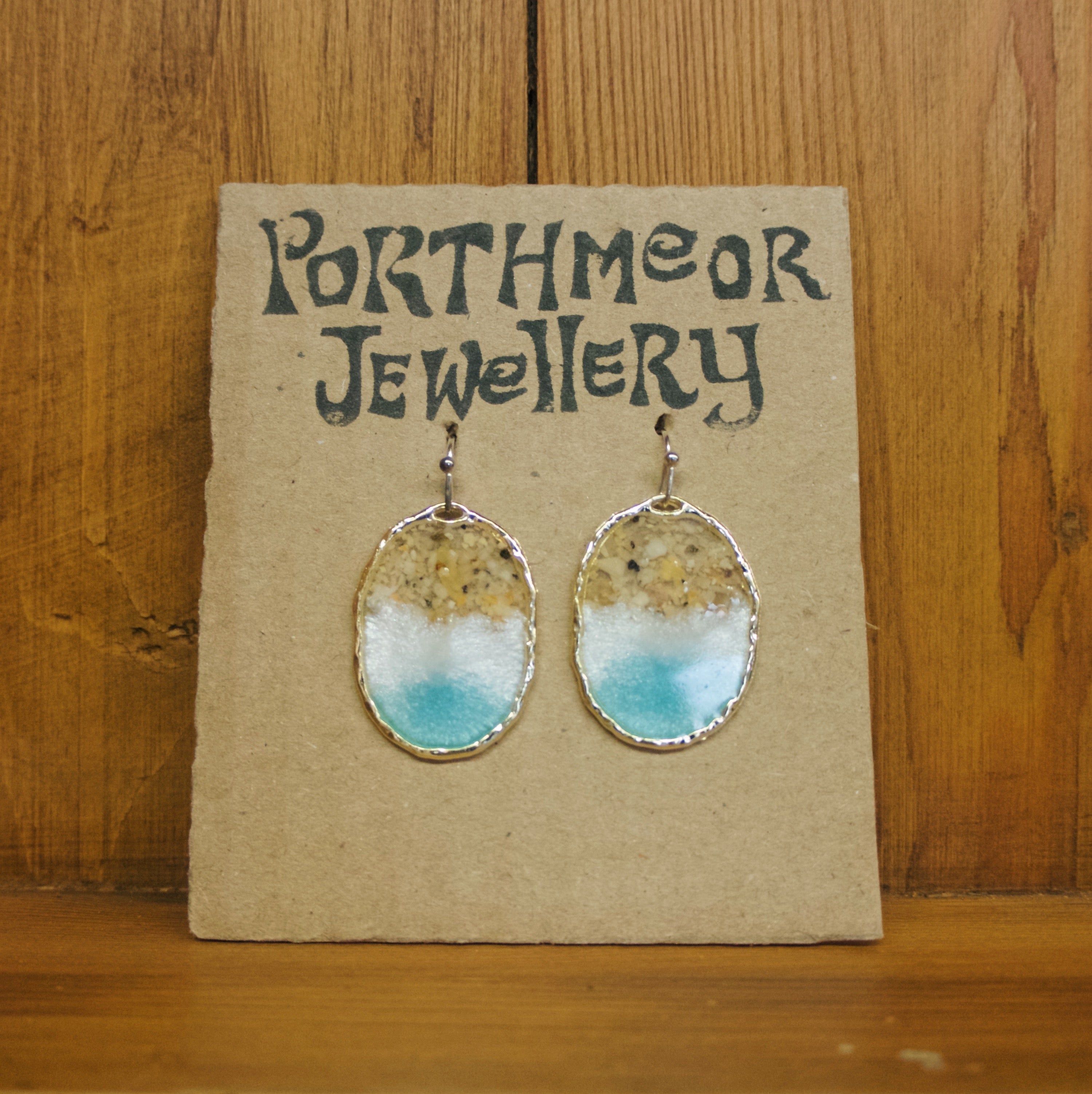 Porthmeor Sand, White & Blue with Gold Earrings, Oval