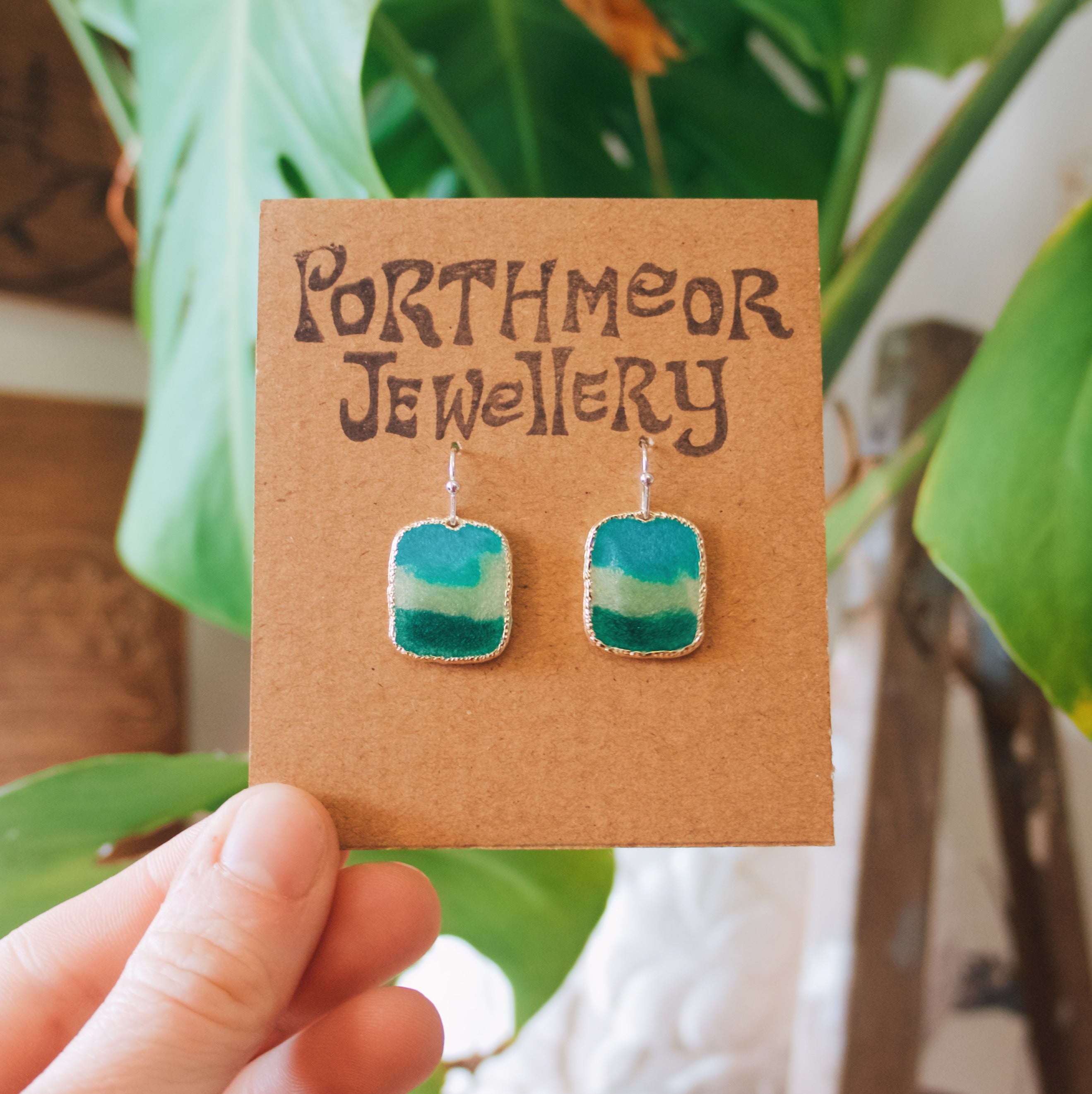 Green & Teal with Gold Earrings, Rectangle